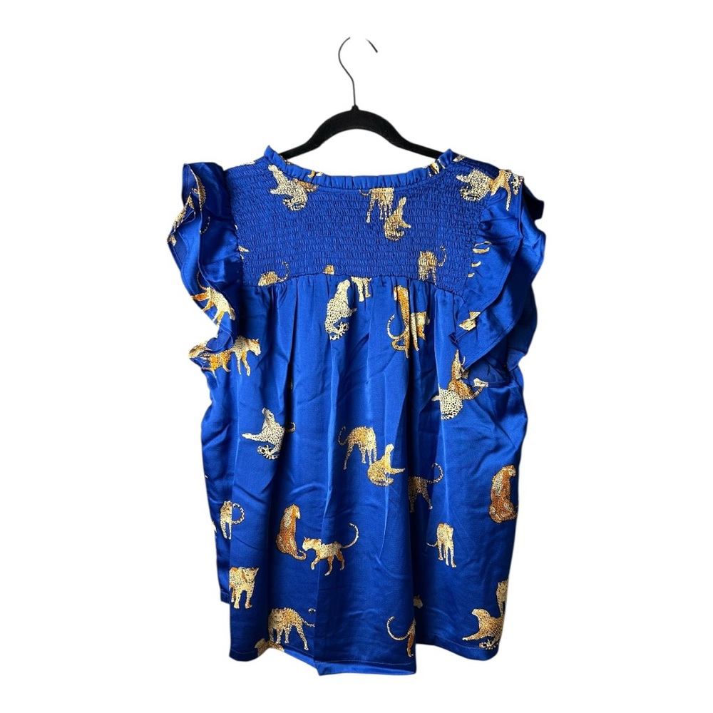 Umgee Women's Royal Blue Smocked Detail Cheetah Top with Gold Accents Size XL - Picture 8 of 9